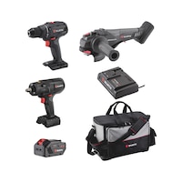 LOT PACK MACHINES M-CUBE Composé de : 3 machines à batterie avec chargeur et batteries 18V dans un sac de transport