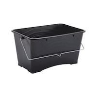 Paint bucket with roll-off surface and integrated tool tray