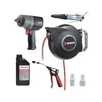 Conjunto Aparafusadora pneum&aacute;tica DAS 1/4" e DSS 1/2", Enrolador de mangueira DSA-S, racords, &oacute;leo e pistola de sopro SOFTGRIP