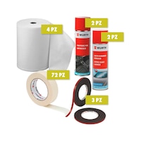 Kit nastro mascheratura, pulitore abitacolo e cristalli, nastro biadesivo e rotolo carta 