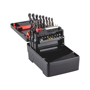 3-in-1-Sortiment mit HSS-Spiralbohrern DIN 338 Typ RN 130°, Bits und Bithalter 28-tlg.