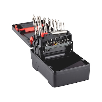 4-in-1-Sortiment mit Gewindebohrern NeoTap, Spiralbohrern SMART STEP EU+ HSS, Bits und Bithalter 23-tlg.