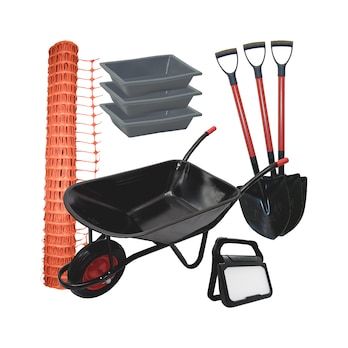 Conjunto carro de mão, gamelas, pás de bico, rede de sinalização e lâmpada de trabalho  LED 25W