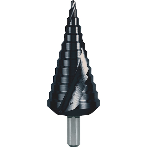 Stepped drill bit, spiral