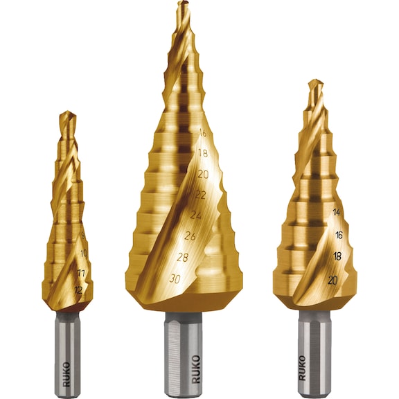 Stepped twist drill HSS TiN assort. 3 pcs Ruko