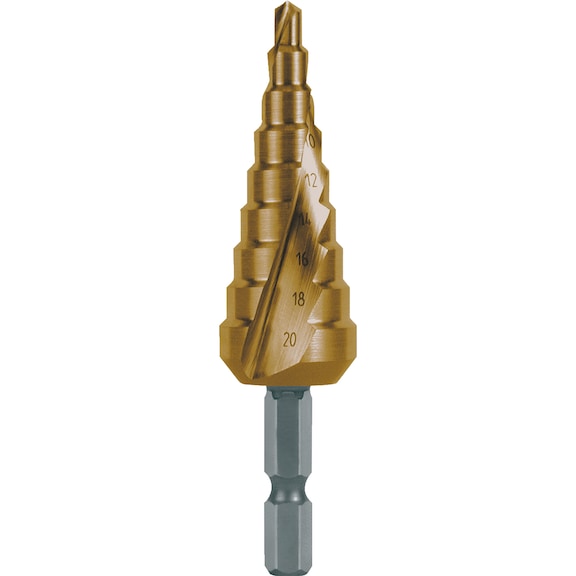 Stepped drill bit, spiral