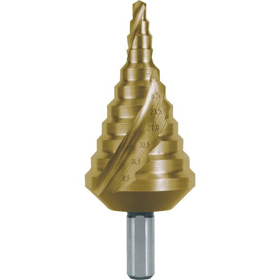 Stepped drill bit, spiral
