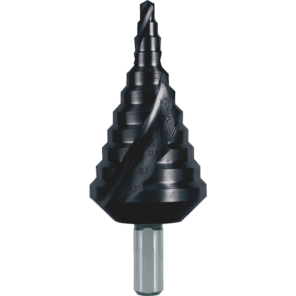 Stepped drill bit, spiral