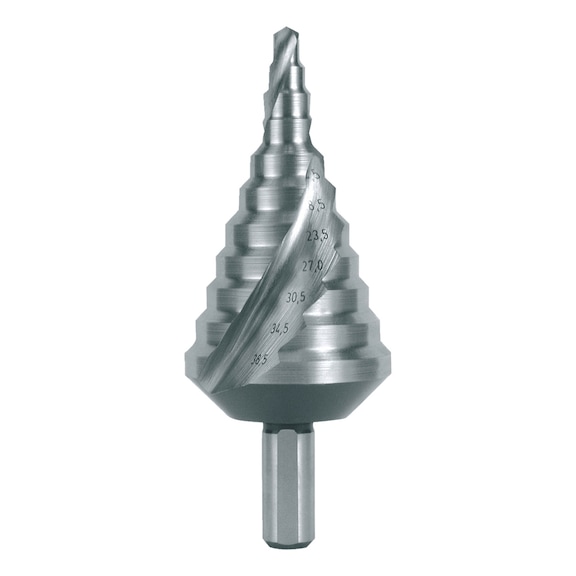 Stepped drill bit, spiral