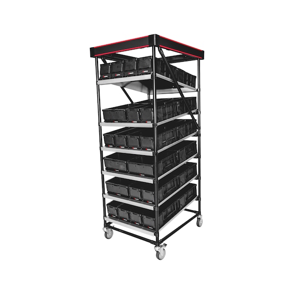 Läpivirtaushylly pyörillä - LÄPIVIRTAUSHYLLY PYÖRILLÄ 835X671X1820MM