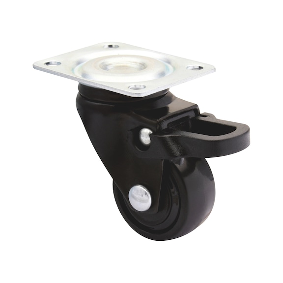 M&ouml;bel-Lenkrolle weich 3C-Serie mit Feststeller und Anschraubplatte - MOEBLLENKROLL-3C-SCHW-WEICH-FST-D25-12KG