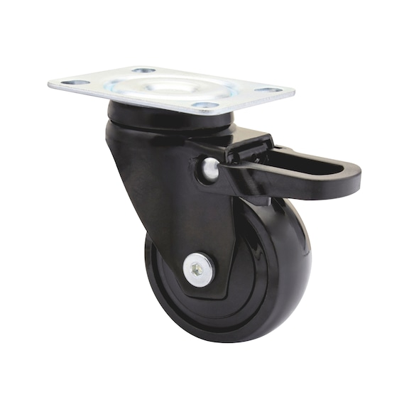 M&ouml;bel-Lenkrolle weich 3C-Serie mit Feststeller und Anschraubplatte - MOEBLLENKROLL-3C-SCHW-WEICH-FST-D50-50KG