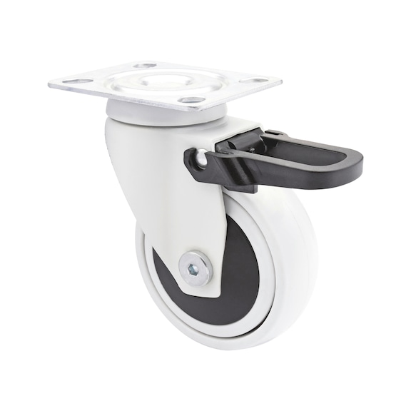 M&ouml;bel-Lenkrolle weich 3C-Serie mit Feststeller und Anschraubplatte - MOEBLLENKROLL-3C-WEI-WEICH-FST-D75-75KG