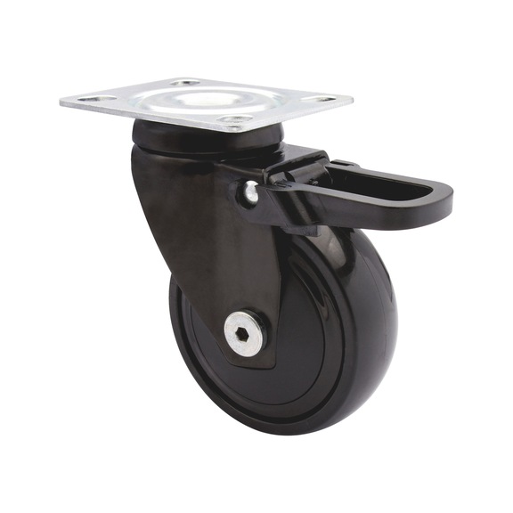 M&ouml;bel-Lenkrolle weich 3C-Serie mit Feststeller und Anschraubplatte - MOEBLLENKROLL-3C-SCHW-WEICH-FST-D75-75KG