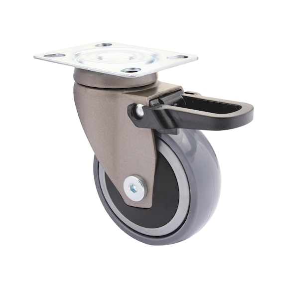 M&ouml;bel-Lenkrolle weich 3C-Serie mit Feststeller und Anschraubplatte - MOEBLLENKROLL-3C-ANTHR-FST-D75-75KG