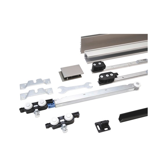 Kit de quincaillerie pour porte coulissante intérieure SCHIMOS 80-HS-D, MB pour pose au plafond avec des portes en verre - SLIDDRFITT-SCHIMOS80HSD-WCA2-SD-3000