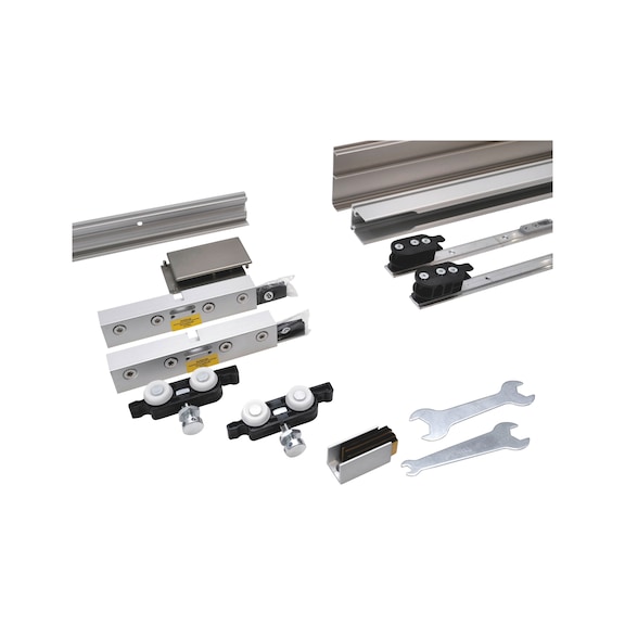 Kit de quincaillerie pour porte coulissante int&eacute;rieure SCHIMOS 80-GS-WR, MB pour pose au plafond avec des portes en verre - SLIDDRFITT-SCHIMOS80GSWR-WCA2-WOD-3000