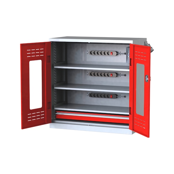 Akkuladeschrank mit Flügeltüren - FLGTRSHRNK-SICHTF-AKKU-AS12-RAL3020