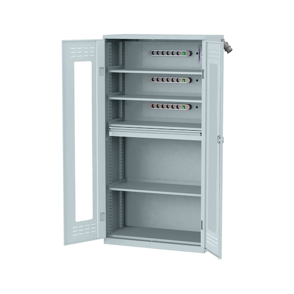 Akkuladeschrank mit Flügeltüren - FLGTRSHRNK-SICHTF-AKKU-AS22-RAL7035