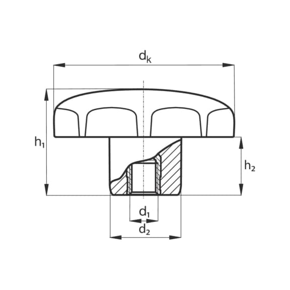 Empuñadura en estrella con rosca con orificio ciego - POMO ESTRE. HEMBRA SIM.DIN6336-M5X25