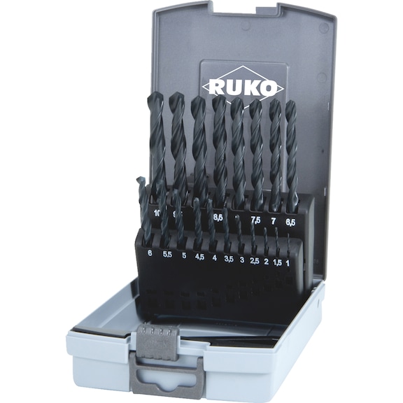 Twist drill bit, metal assortment/set 19&nbsp;pieces Ruko 205212 HSS-R DIN 338 - DRL-SPRL-RUKO205212RO-DIN338-(1-10)-0,5