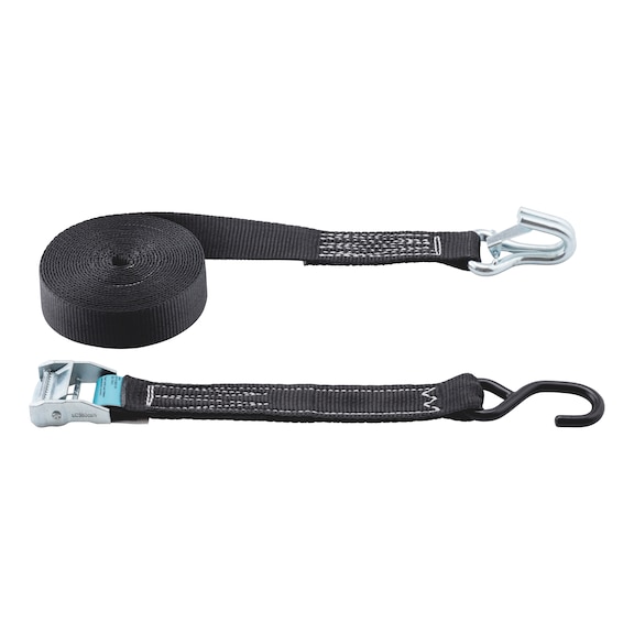 Lashing strap with clamping lock, two pieces With S-hook, double J-hook and safety latch - STRP-CAMBCKL-2PCS-LC350-BLCK-W35MM-L6M