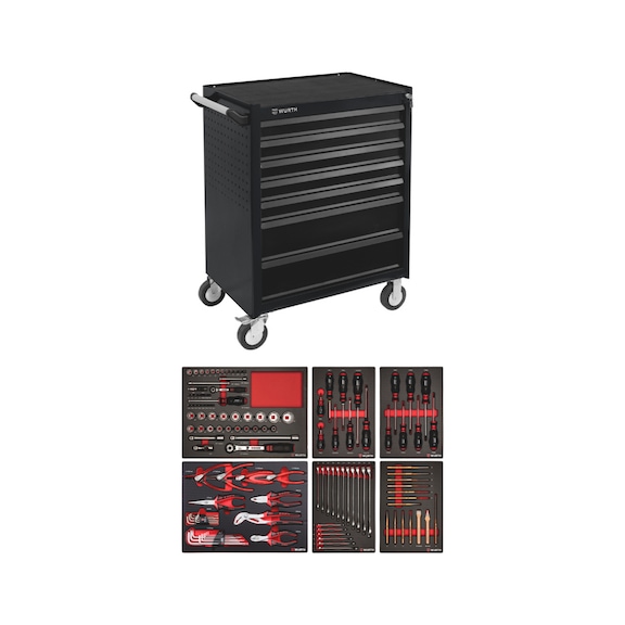 Bestykket v&aelig;rkstedsvogn  WE - V&AElig;RKSTEDSVOGN WE 7 SKUF, SORT M 127 DELE