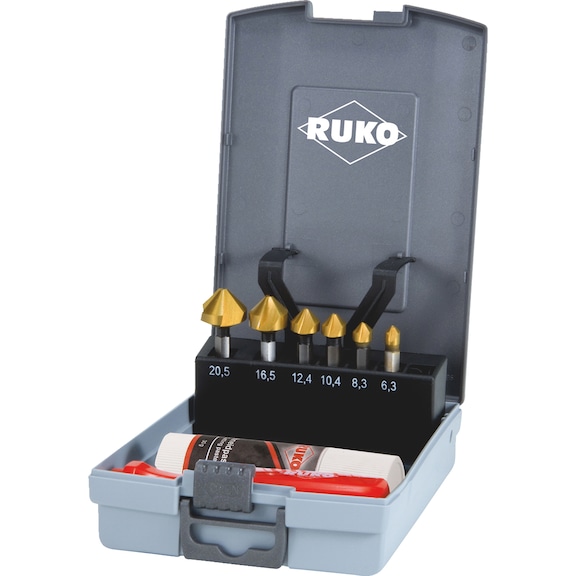 Assortiment de fraises coniques Jeu d'embouts de fraises coniques Ruko 90° “longs” HSS TiN, 8 pcs - CNTSNKCONE-RUKO-102319TRO-90G-D6,3-20,5