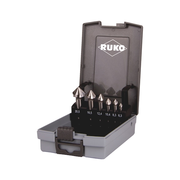 Assortiment de fraises coniques Jeu de fraises coniques Ruko DIN 335 forme C 90° VHM brut, 6 pcs. - CNTSNKCONE-RUKO102152HMRO-90G-D6,3-20,5
