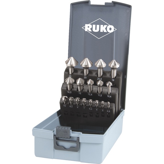 Assortiment de fraises coniques Jeu de fraises coniques Ruko DIN 335 forme C 90° HSS brut, 17 pcs. - CNTSNKCONE-RUKO102155RO-90GRD-D4,3-25,0