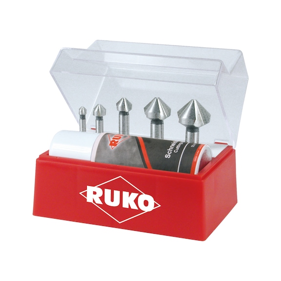 Assortiment de fraises coniques Jeu de fraises coniques Ruko 102142A DIN 335 forme C 90° HSS brut ALU, 6 pcs. - CNTSNKCONE-RUKO-102142A-90GRD-D6,3-25,0