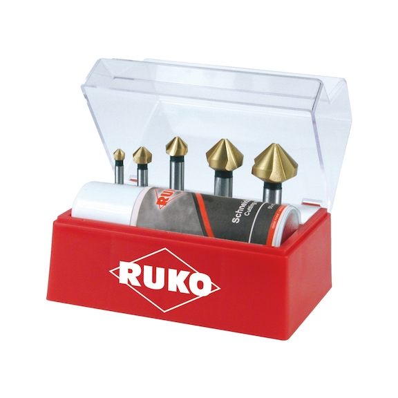 Assortiment de fraises coniques Jeu de fraises coniques Ruko 102142T DIN 335 forme C 90° HSS TiN, 6 pcs. - CNTSNKCONE-RUKO-102142T-90GRD-D6,3-25,0