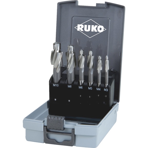 Fraise à lamer, assortiment/jeu Ruko Jeu de fraises à lamer DIN 373 HSS BLK, qualité : fine pour trous débouchants, 6 pièces. - CNTBRE-RUKO-102450RO-180G-M3-M10IFEIN