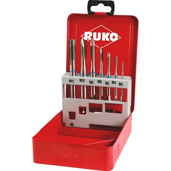 Jeu/kit de tarauds machine 7 pièces Ruko HSS brut trou débouchant - MATAP-RUKO-245057-HSS-M3-M12