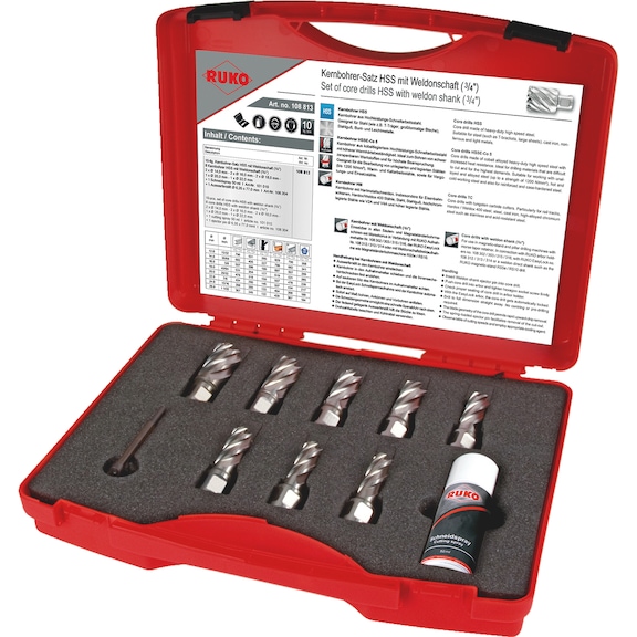 Core drill bit HSS ass. 10 pcs Weldon 108813 Ruko - CREDRL-RUKO-108813-HSS-L63-D2X14-1X22