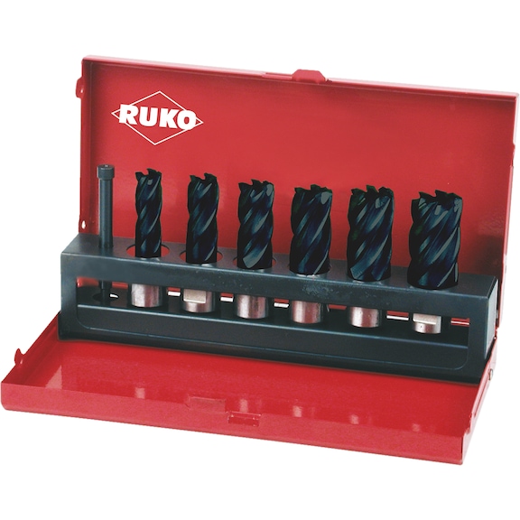 Core drill bit HSS TiAlN ass. 7 pcs Weldon 108820F Ruko - CREDRL-RUKO-108820F-HSS-L63-D12,0-22,0