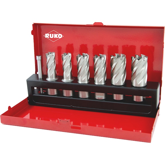 Core drill bit HSCo ass. 7 pcs Weldon 108840E Ruko - CREDRL-RUKO-108840E-HSSE-CO5-L63-D14-22