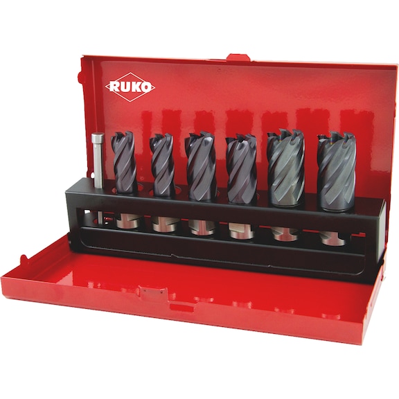 Core drill bit HSS TiAlN ass. 7 pcs Weldon 108840F Ruko - CREDRL-RUKO-108840F-HSS-L63-D2X14-22