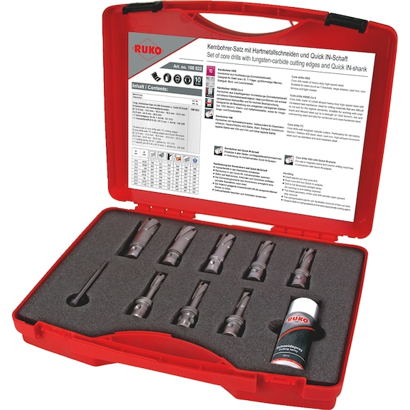 Core drill bit VHM ass. 10 pcs QuickIN 108822 Ruko - CREDRL-RUKO-108822-TC-L83-D12,0-26,0