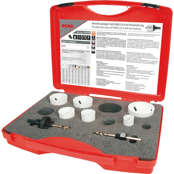 Assortiment/kit de scies-cloches Ruko 126305 Assortiment bimétal HSCo8 8 pièces - HOSAW-RUKO-126305-HSSE-CO8-D22,0-64,0