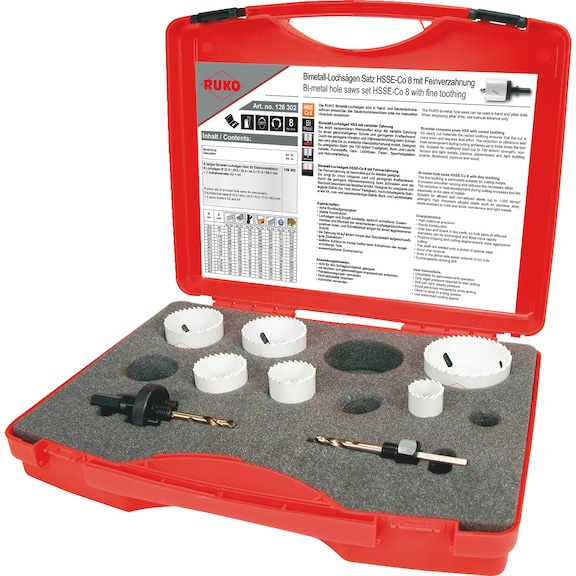 Assortiment/kit de scies-cloches Ruko 126302 Assortiment bimétal HSCo8 8 pièces - HOSAW-RUKO-126302-HSSE-CO8-D22,0-68,0
