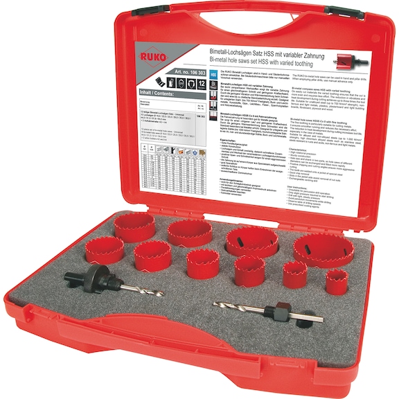 Assortiment/jeu de scies-cloches Ruko 106303 Assortiment bimétal HSS 12 pièces - HOSAW-RUKO-106303-HSS-D19,0-64,0-A2+A4