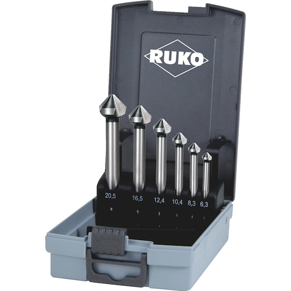 Assortiment de fraises coniques Jeu de fraises coniques Ruko DIN 335 forme C 90° HSS avec longue tige cylindrique, 6 pcs. - CNTSNKCONE-RUKO102158RO-90GRD-D6,3-20,5
