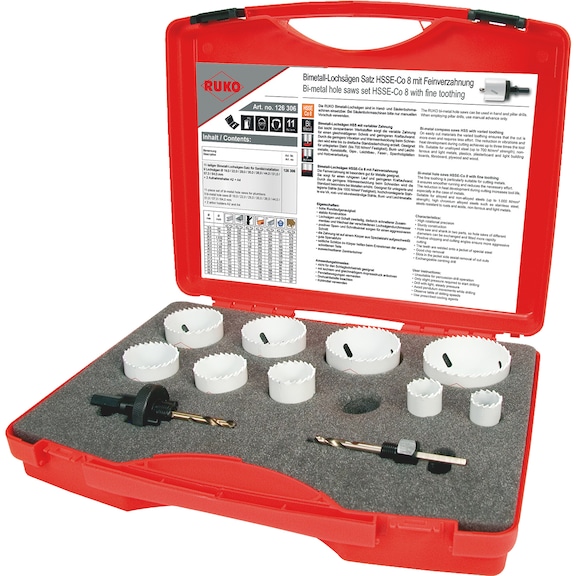 Assortiment/kit de scies-cloches Ruko 126306 Assortiment bimétal HSCo8 11 pièces - HOSAW-RUKO-126306-HSSE-CO8-D19,0-64,0