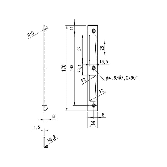 Winkelschließblech mit Kunststoffeinlage - WNKLSHLBL-F.TRSHLO-M.KSTEINLG-WEI
