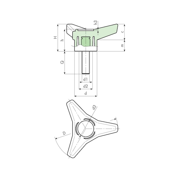 Buy 3-star handle steel zp w. stud bolt and hub hollow online
