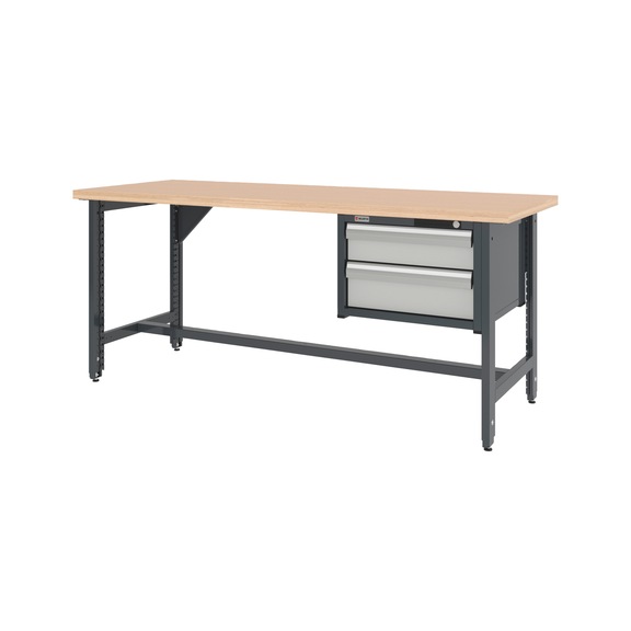 Système d'établi 2 000 mm avec 2 pieds réglables en hauteur et armoire murale à tiroirs 8.6 - WRKBNCH-ADJ-2LEG-CAB-2DRWR-2000-RAL7035