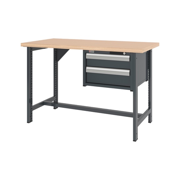 System-Werkbank 1500 mm mit 2 fixen Werkbankf&uuml;&szlig;en und Schubladen-H&auml;ngeschrank 8.6 - WRKBANK-2FU-SHRNK-2SL-1500-H955-R7016