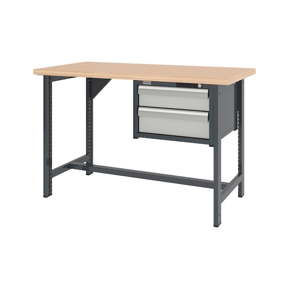 System-Werkbank 1500 mm mit 2 fixen Werkbankf&uuml;&szlig;en und Schubladen-H&auml;ngeschrank 8.6 - WRKBANK-2FU-SHRNK-2SL-1500-H955-R7035