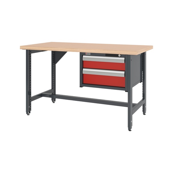 System workbench 1500&nbsp;mm with 2 height-adjustable workbench feet and drawer wall-mounted cabinet 8.6 - WRKBNCH-ADJ-2LEG-CAB-2DRWR-1500-RAL3020